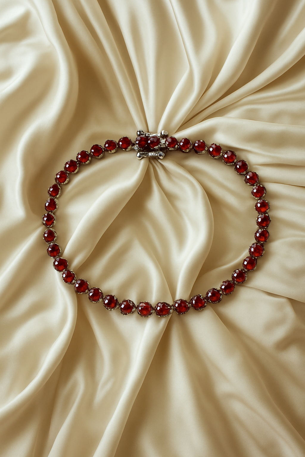 Bracelet with red beads on a beige satin background