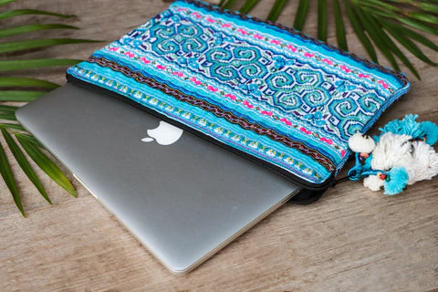 Blue vintage embroidered laptop sleeve case with traditional patterns and pom-pom tassel – Suzys Treasures