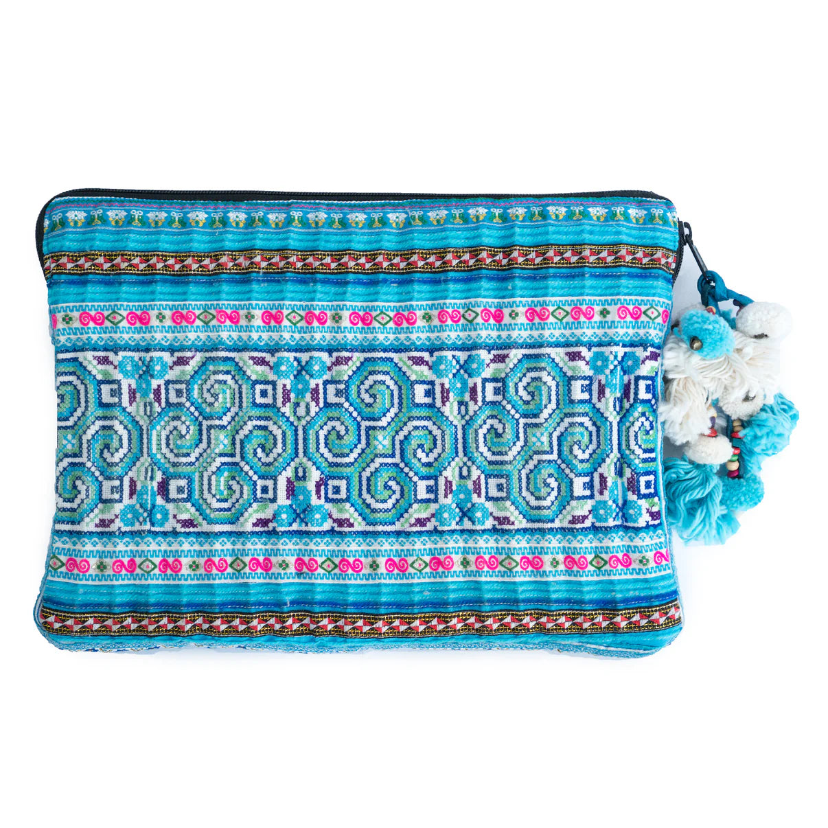 Blue vintage embroidered laptop sleeve case with traditional patterns and pom-pom tassel – Suzys Treasures