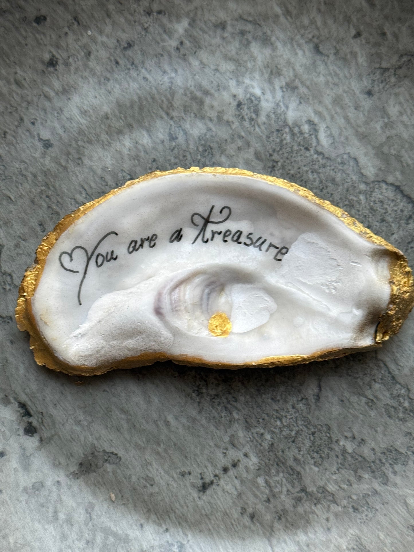 Handcrafted golden-edged oyster shell with “You Are a Treasure” message – Suzy Treasures ocean-inspired keepsake gift