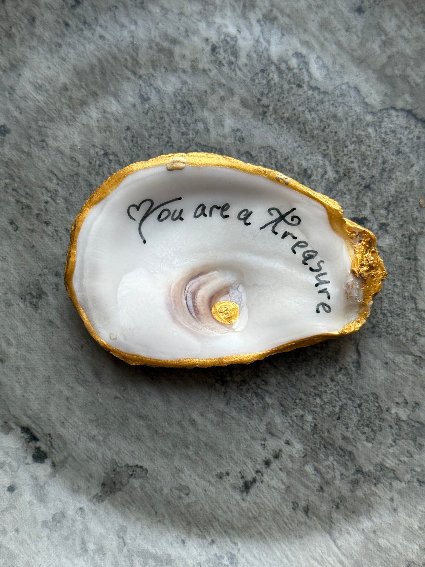 Handcrafted golden-edged oyster shell with “You Are a Treasure” message – Suzy Treasures ocean-inspired keepsake gift