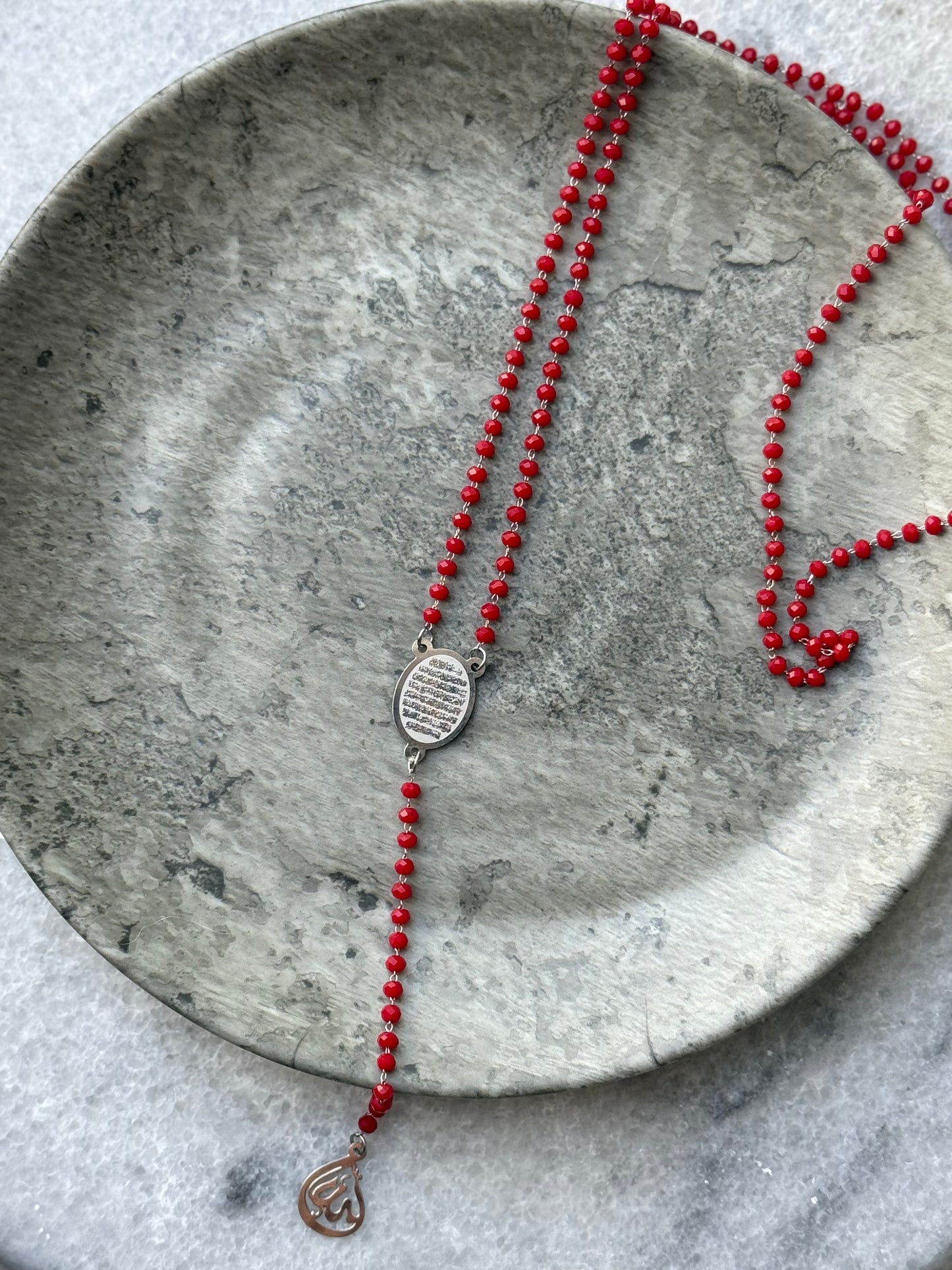 Long red Ayat Al-Kursi necklace with elegant beaded design and Quranic verse pendant - Suzys Treasures
