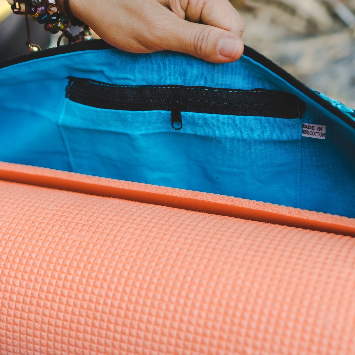 Close up of a colorful boho yoga bag with traditional ethnic patterns – Suzy Treasures.