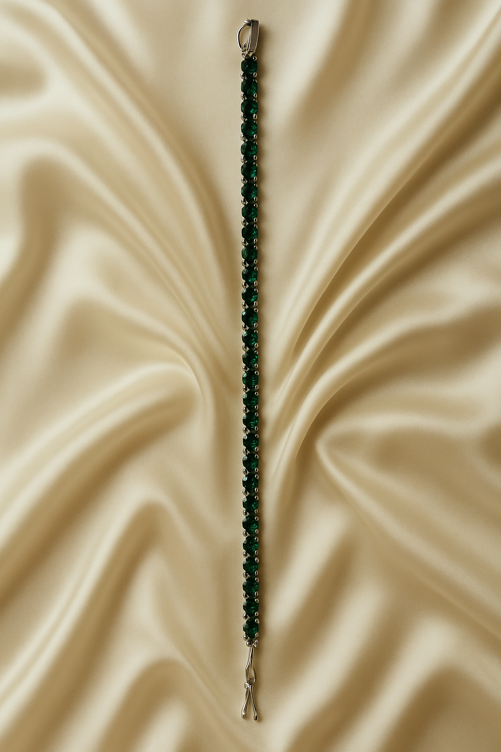 Green beaded necklace on a beige satin background