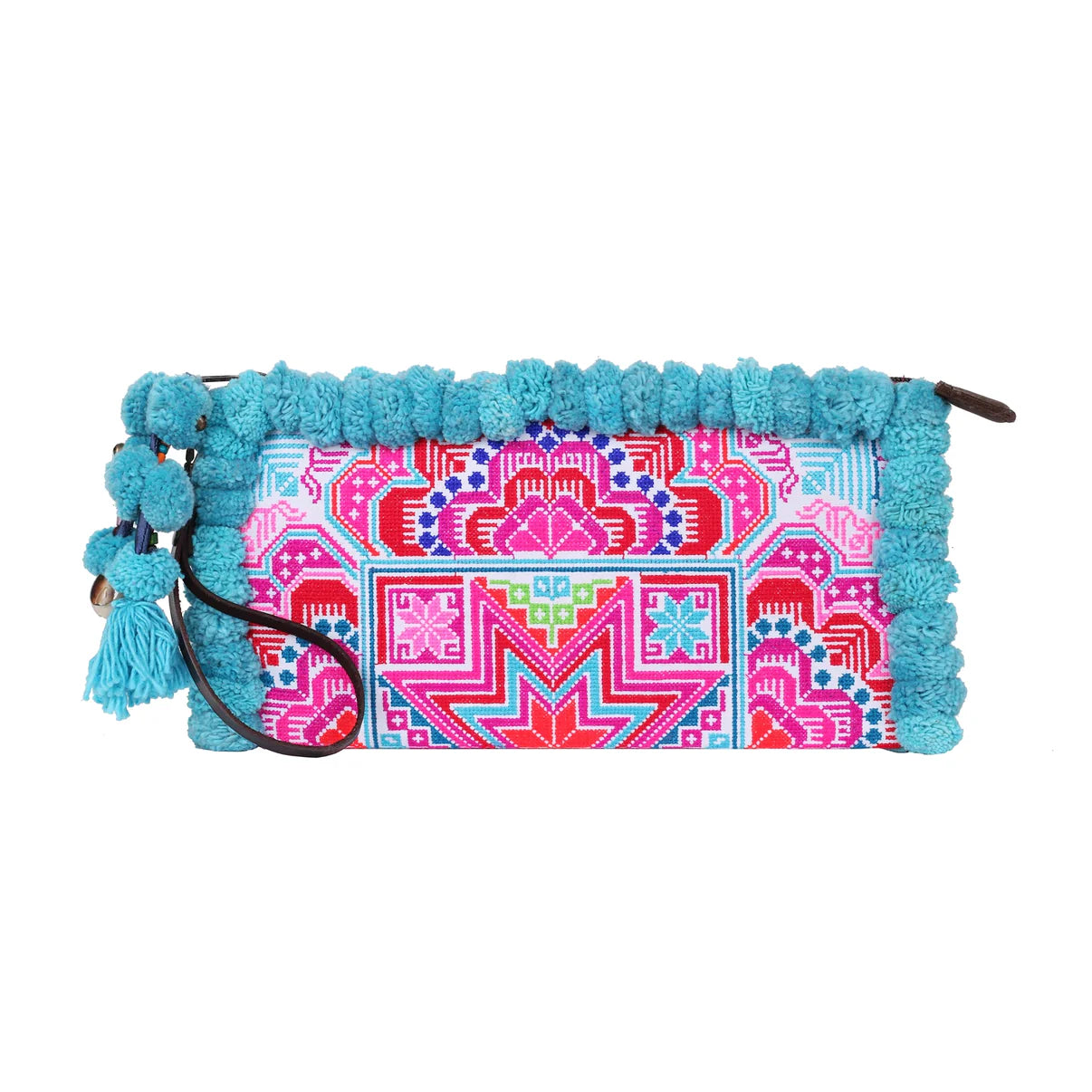 Close-up of the Pom Pom Clutch Bag from Suzys Treasures, featuring intricate hand embroidery in vibrant pink, turquoise, and red tones, framed with playful turquoise pom-poms and a tassel charm for a bold boho statement.
