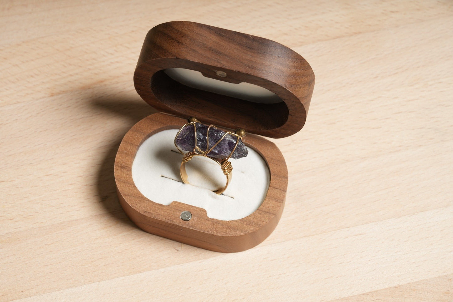 Raw Amethyst gold-plated ring in wooden box – natural crystal jewelry from Suzys Treasures (box not included)