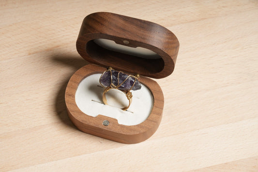 Raw Amethyst gold-plated ring in wooden box – natural crystal jewelry from Suzys Treasures (box not included)