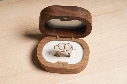 Raw Rose Quartz gold-plated wire-wrapped ring in a wooden display box – Suzys Treasures