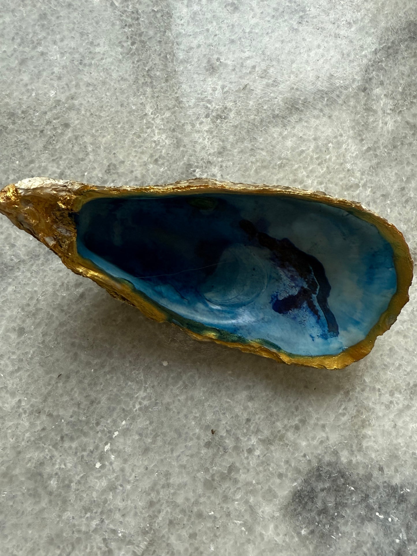Hand-painted blue oyster shell dish with gold trim – unique home decor or jewelry holder from Ocean Treasures by Suzys Treasures Dubai