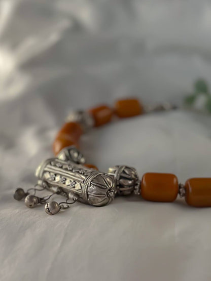 Yemeni Amber & Silver Hirz Amulet Necklace