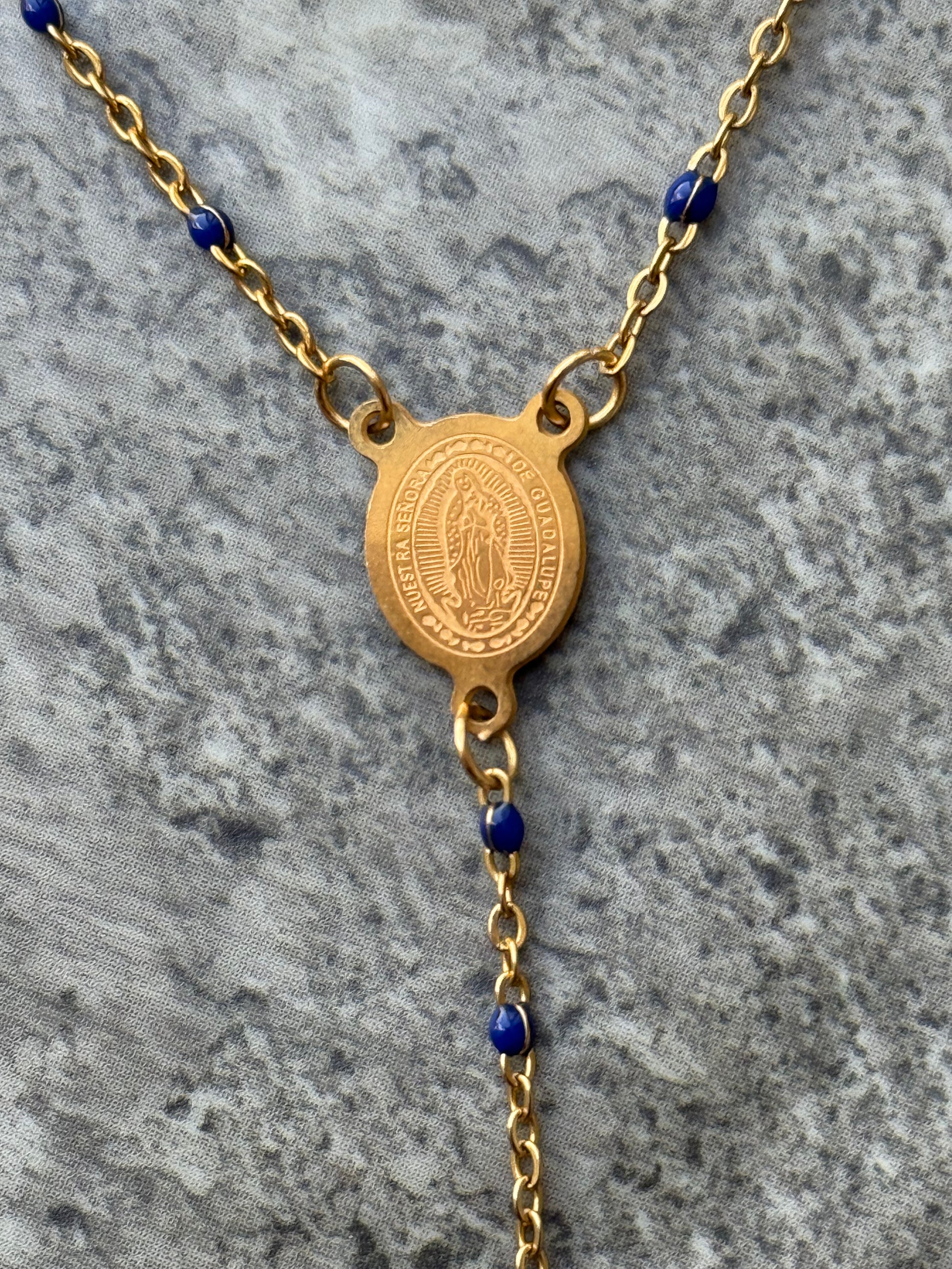 Gold-plated cross necklace with lapis lazuli stones and Virgin Guadalupe pendant, spiritual handmade jewelry from Suzys Treasures.