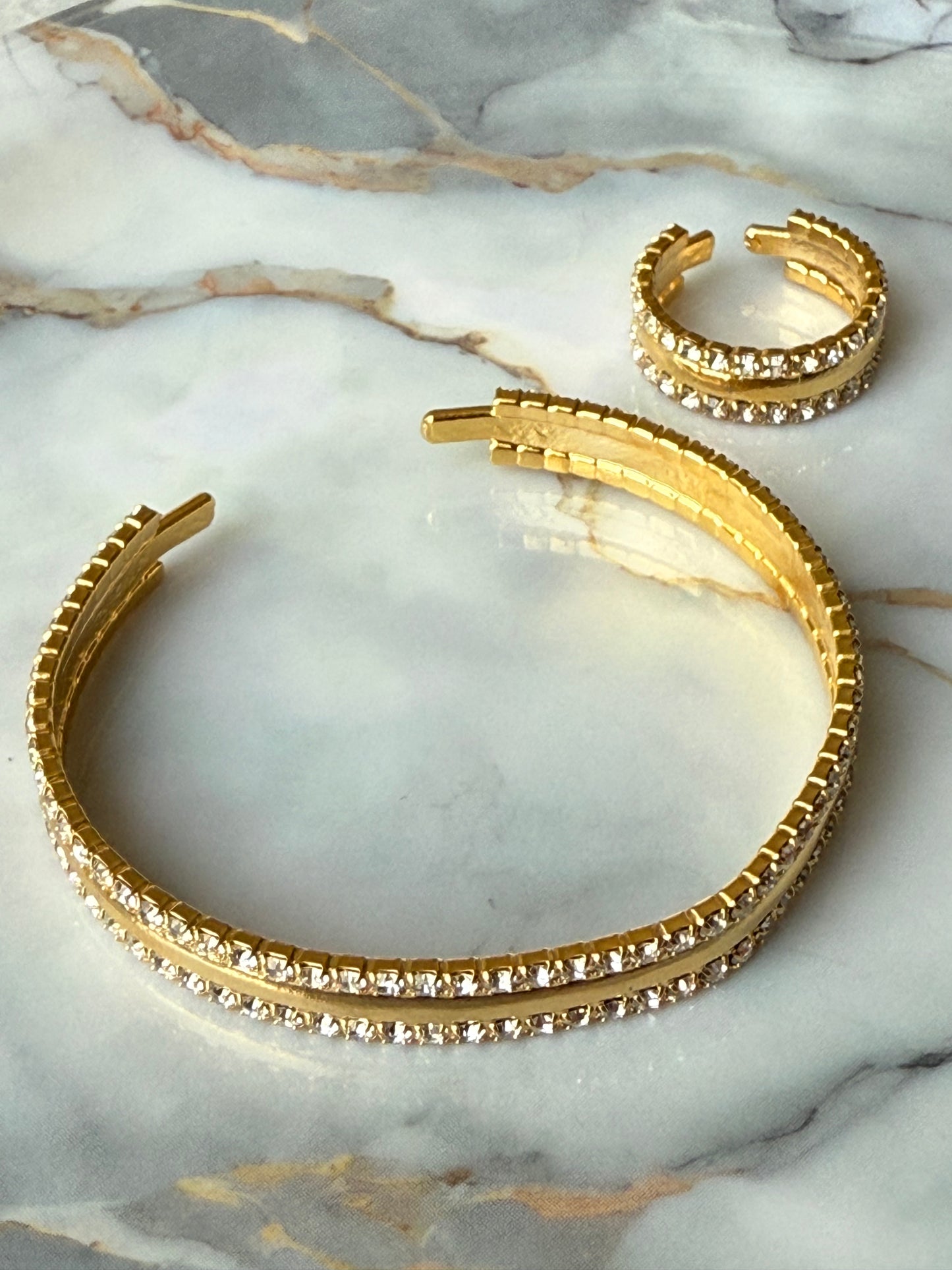 Luxury bangle and ring set in 3-micron gold plating with zirconia stones – handmade jewelry from Suzys Treasures