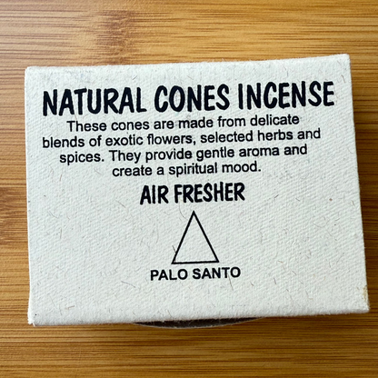 Palo Santo incense cones made from sacred wood and herbs, packaged in a natural box, perfect for energy cleansing, from Suzys Treasures.

