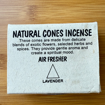 Lavender-scented natural incense cones in a kraft box, offering calming floral aroma for relaxation and peace, sold by Suzys Treasures.