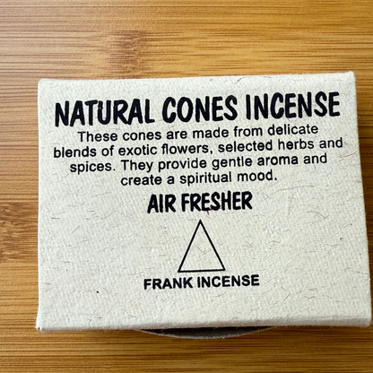 Frankincense natural incense cones in a boxed set, featuring warm, resinous notes ideal for meditation, handcrafted for Suzys Treasures.