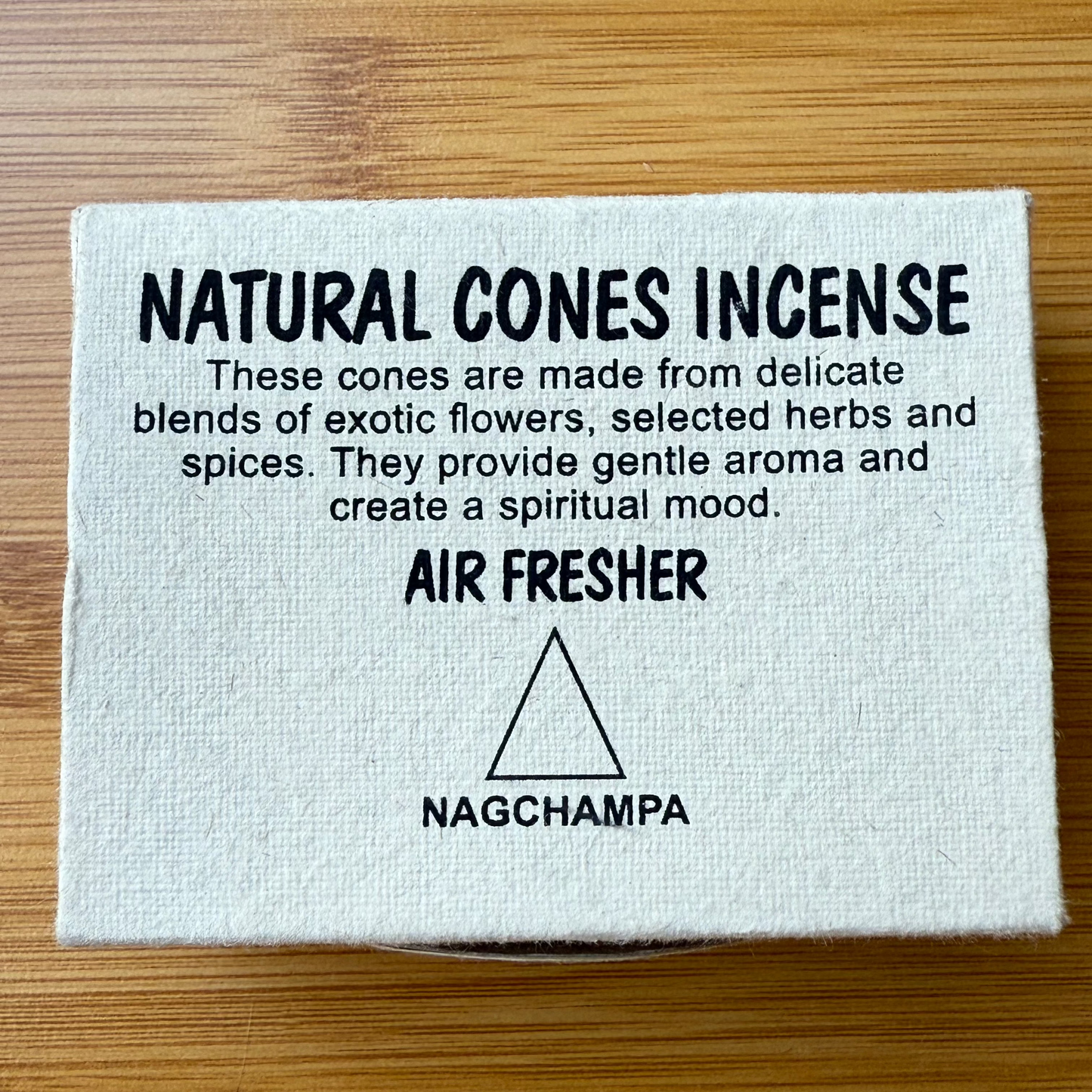 Box of natural Nag Champa incense cones made from exotic flowers, herbs, and spices, for spiritual mood and gentle aroma, available at Suzys Treasures.