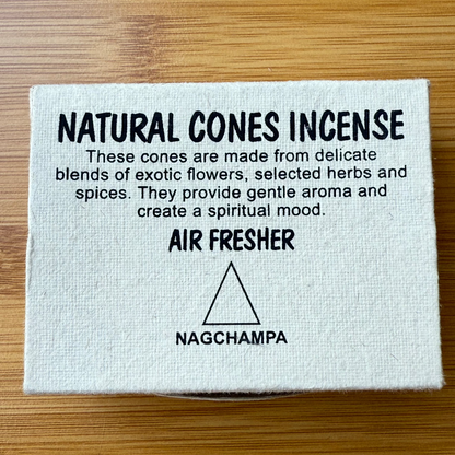 Box of natural Nag Champa incense cones made from exotic flowers, herbs, and spices, for spiritual mood and gentle aroma, available at Suzys Treasures.