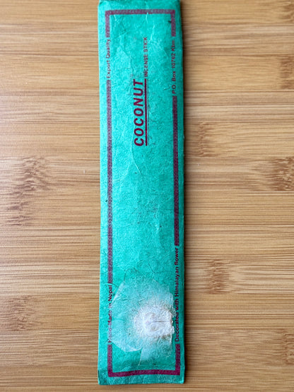 Handmade incense stick pack in Coconut, wrapped in eco-friendly lokta paper, 100% natural and made in Nepal, part of the Sacred Scents & Space collection by Suzy’s Treasures.
