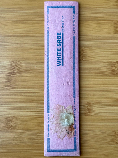 Handmade incense stick pack in White Sage, wrapped in eco-friendly lokta paper, 100% natural and made in Nepal, part of the Sacred Scents & Space collection by Suzy’s Treasures.