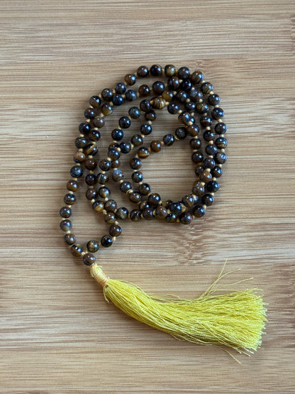 108-bead Tiger Eye mala necklace with rich golden-brown 6mm beads and yellow tassel, for courage and confidence – from Suzys Treasures.