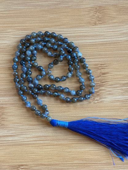 108-bead Labradorite mala necklace with 6mm round beads and blue tassel, ideal for protection and intuition – available at Suzys Treasures.