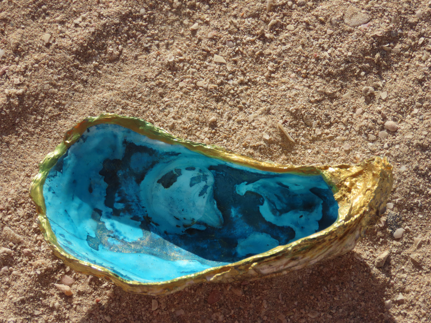 Hand-painted turquoise oyster shell dish with gold trim – unique home decor or jewelry holder from Ocean Treasures by Suzys Treasures Dubai
