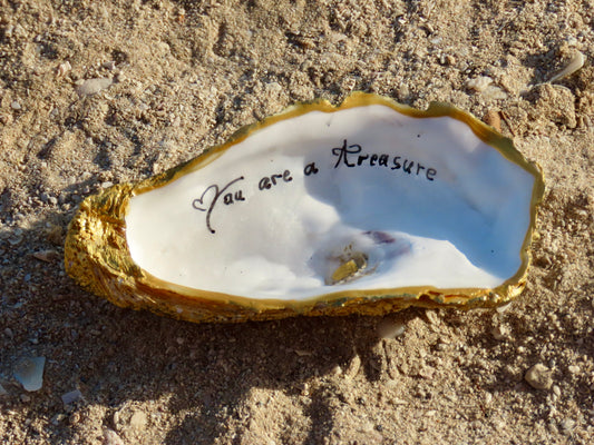 Handcrafted golden-edged oyster shell with “You Are a Treasure” message – Suzy Treasures ocean-inspired keepsake gift