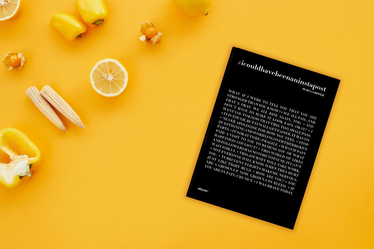 #icouldhavebeenaninstapost book from Suzys Treasures on a yellow background with citrus fruits