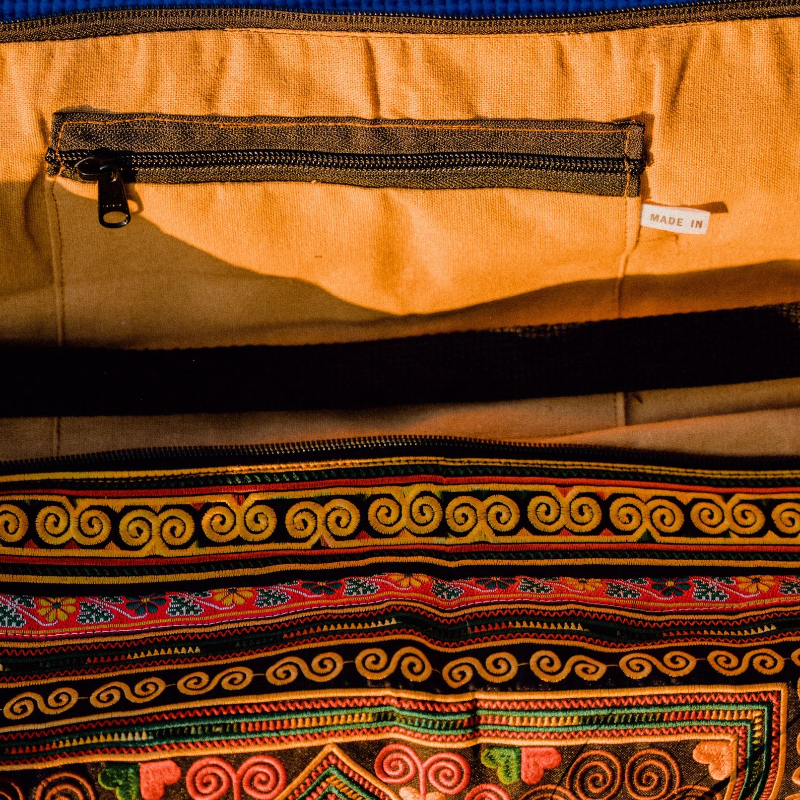 Close up of a colorful boho yoga bag with traditional ethnic patterns  – Suzys Treasures.