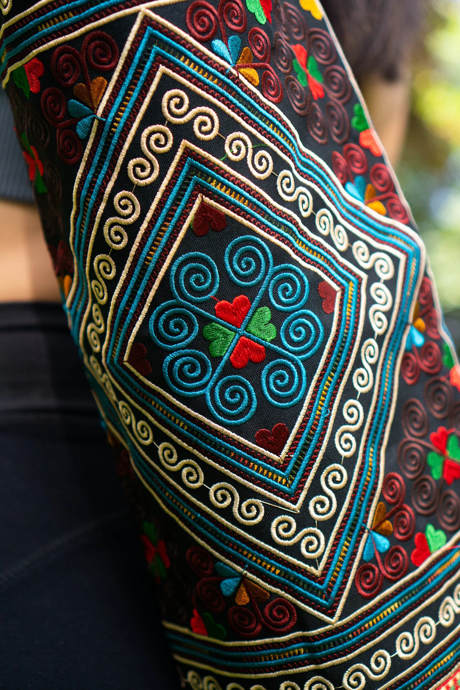 Close up of a colorful boho yoga bag with traditional ethnic patterns  – Suzys Treasures.