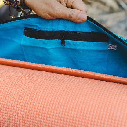 Close up of a  colorful boho yoga bag with traditional ethnic patterns – Suzy Treasures.






